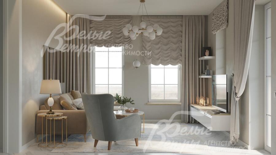 Зона кухни-гостиной. В гостиной установлены диван с креслами и телевизор