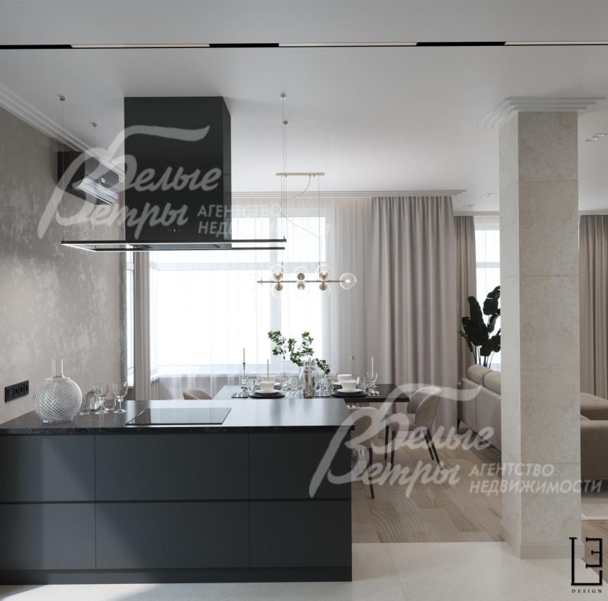 Визуализация дизайн проекта 1-го этажа: интерьер выполнен в светлых тонах, в помещениях максимум дневного света за счёт большой площади остекления