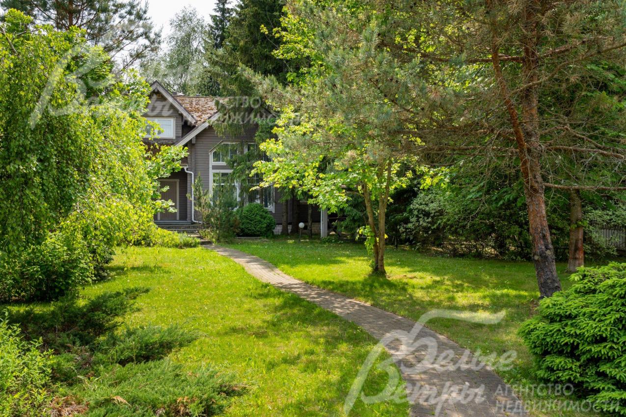 На участке множество взрослых деревьев и кустарников. 