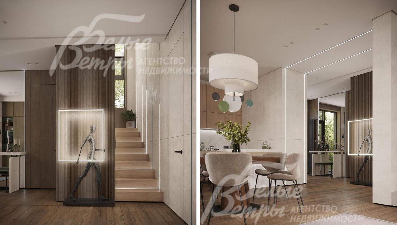 Визуализация дизайн-проекта 1-го этажа: справа - железобетонная монолитная лестница со ступенями, отделанными массивом дуба; слева - обеденная группа в столовой со столом из массива дерева