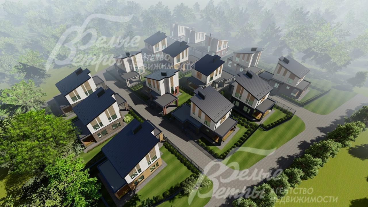 Вид на коттеджный посёлок с высоты птичьего полёта (рендер)