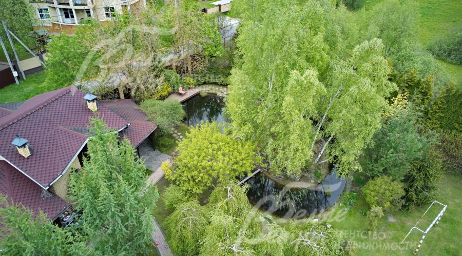 Пруд на участке с островом и водопадом