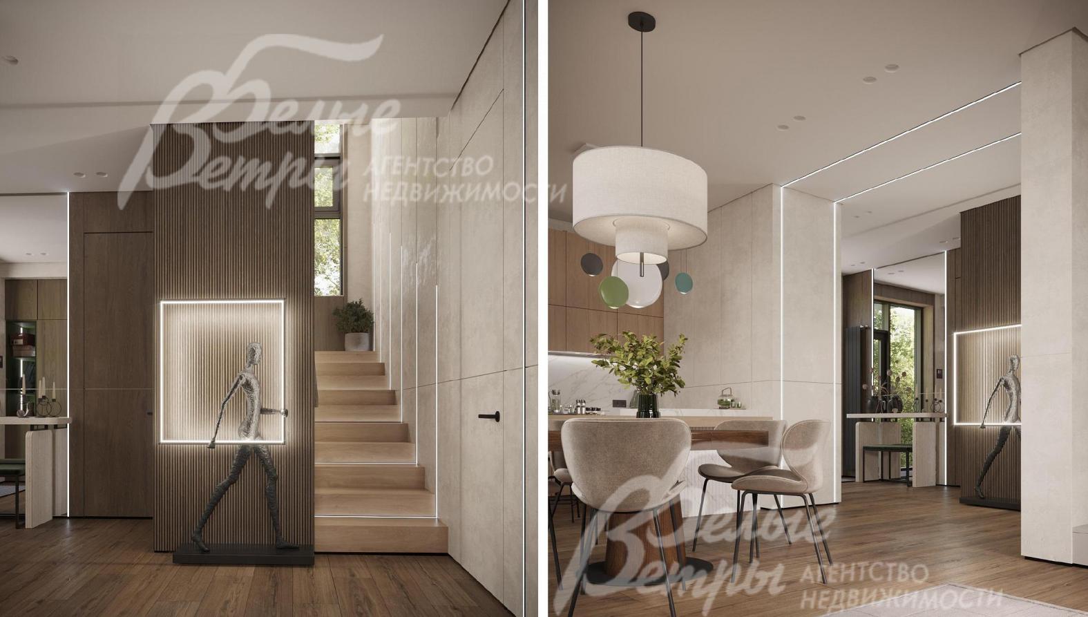 Визуализация дизайн-проекта 1-го этажа: справа - железобетонная монолитная лестница со ступенями, отделанными массивом дуба; слева - обеденная группа в столовой со столом из массива дерева