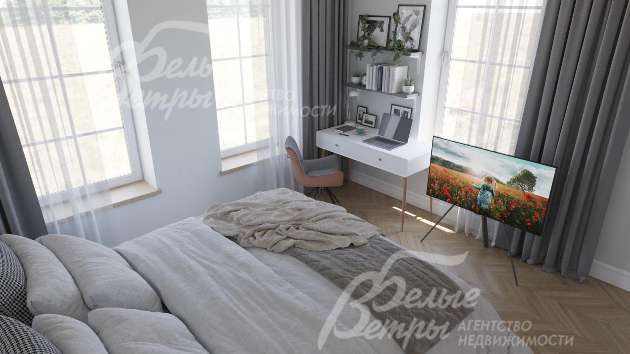 В спальне на первом этаже - три высоких окна, что создаёт светлую, воздушную атмосферу 