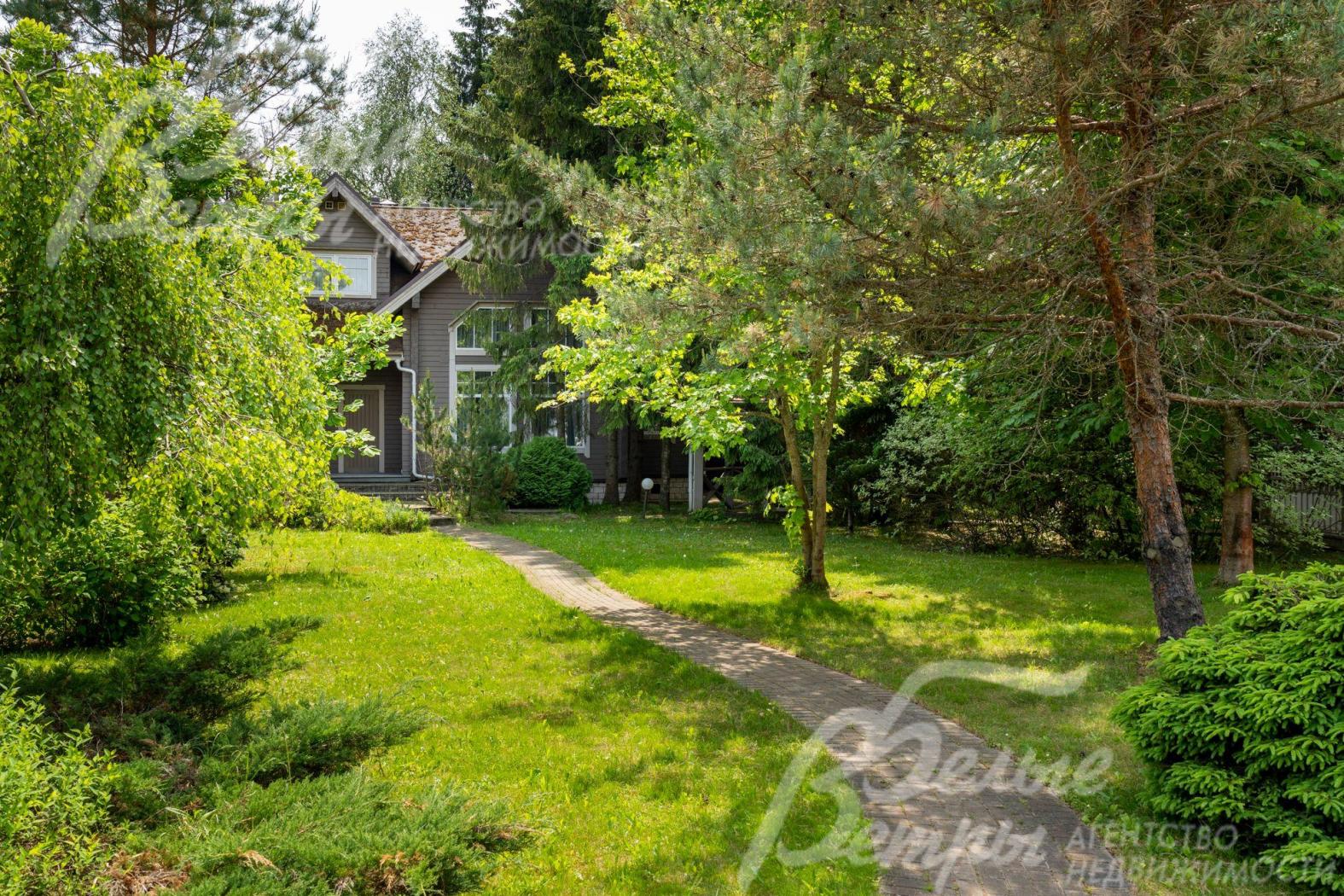 На участке множество взрослых деревьев и кустарников. 