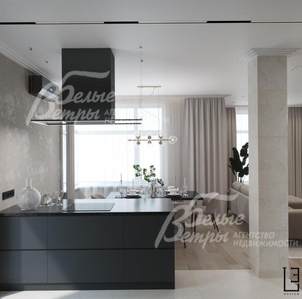 Визуализация дизайн проекта 1-го этажа: интерьер выполнен в светлых тонах, в помещениях максимум дневного света за счёт большой площади остекления