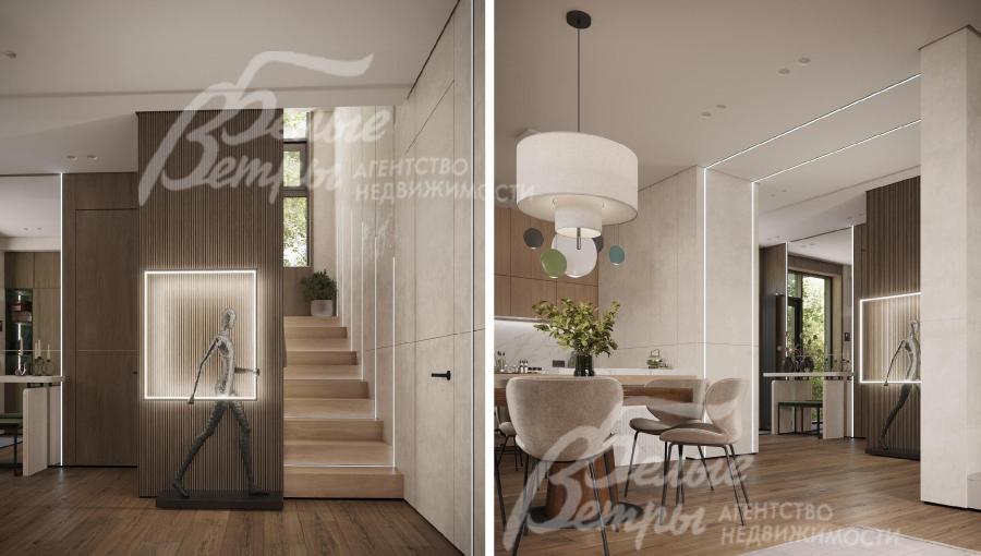 Визуализация дизайн-проекта 1-го этажа: справа - железобетонная монолитная лестница со ступенями, отделанными массивом дуба; слева - обеденная группа в столовой со столом из массива дерева