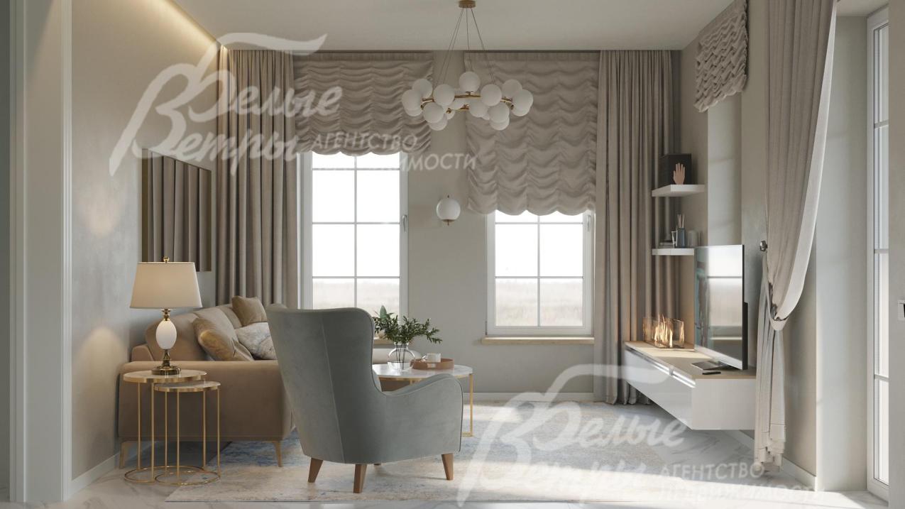 Зона кухни-гостиной. В гостиной установлены диван с креслами и телевизор